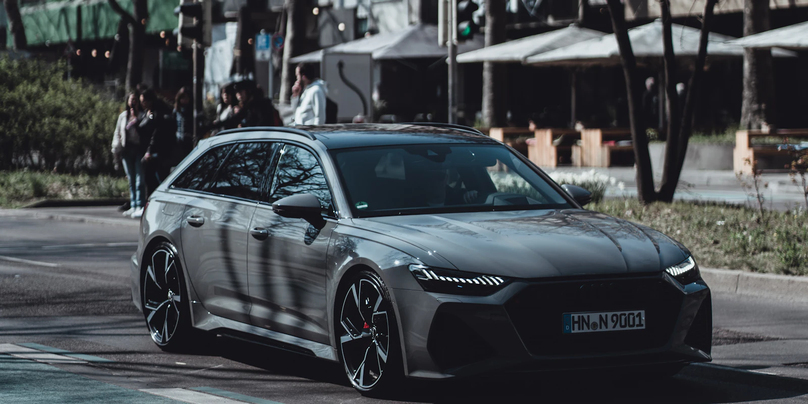 Grey Audi RS 6 Avant on a city street