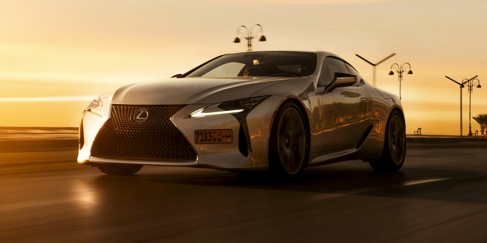Silver Lexus LC 500 at sunset